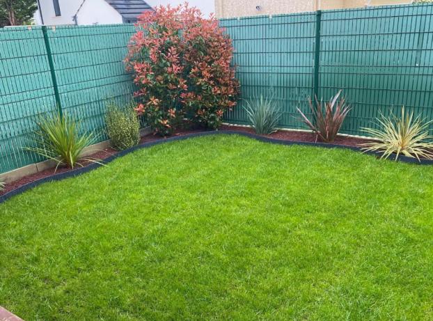 La photo montre un petit jardin arrière, simple et soigné, vu depuis une terrasse. Au centre, une pelouse verte occupe la majeure partie de l’espace.